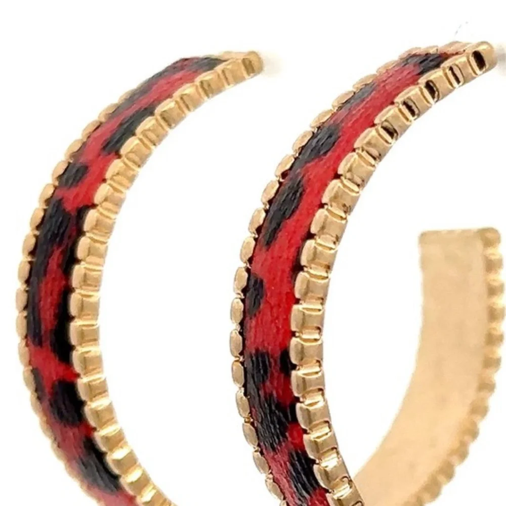 Gold Hoop Earrings with Red Leopard Print Accent